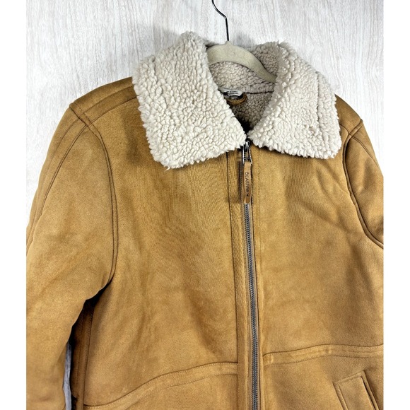 Bearpaw Faux Shearling Sherpa Jacket Tan Cream Zip Moto Coat Womens M - Picture 7 of 9
